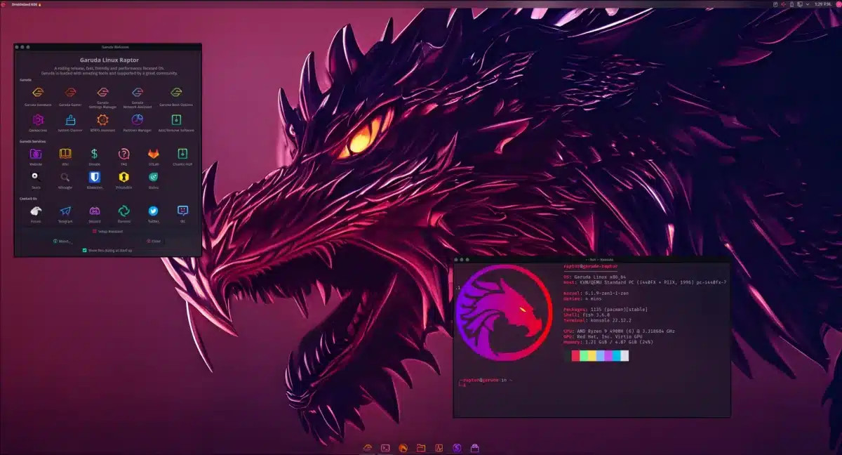 Garuda Linux-yhtiö Yksinkertainen oletusarvoisesti, tehokas tarvittaessa  Suosikki Linux-jakelusi tarjoaa mielipiteellisiä asetuksia, jotka tekevät Arch Linux -pohjasta helppokäyttöisen.